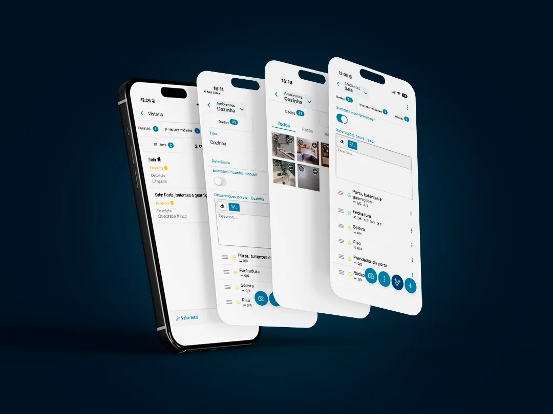 Telas do app Pleno Vistorias com recursos de IA